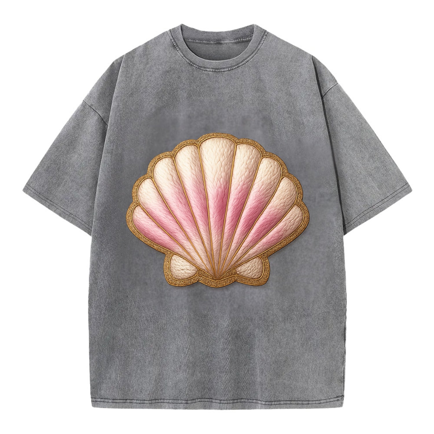 SEASHELL SCALLOP - scallop shell in cream and pink , beach - Vintage T-shirt - Grey