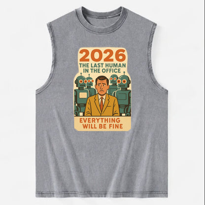 Single human worker surrounded by robot coworkers - "The last human in the - Vintage Washed Tank - Grey