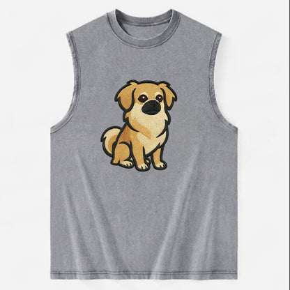 Tibetan Spaniel - Fawn small dog embroidered design - Vintage Washed Tank - Grey