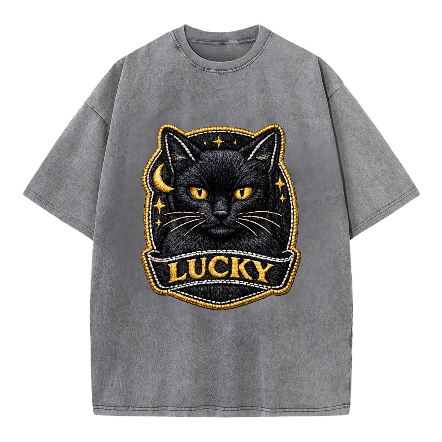 BLACK CAT LUCKY - sleek black cat with gold eyes in black , mysterious feline - Vintage T-shirt - Grey