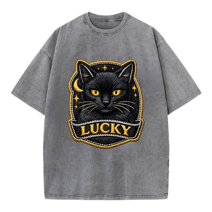 BLACK CAT LUCKY - sleek black cat with gold eyes in black , mysterious feline - Vintage T-shirt - Grey