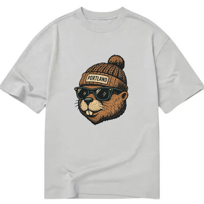 Portland Beaver wearing Portland beanie with pom pom and wayfarer sunglasses - Classic T-shirt - Grey