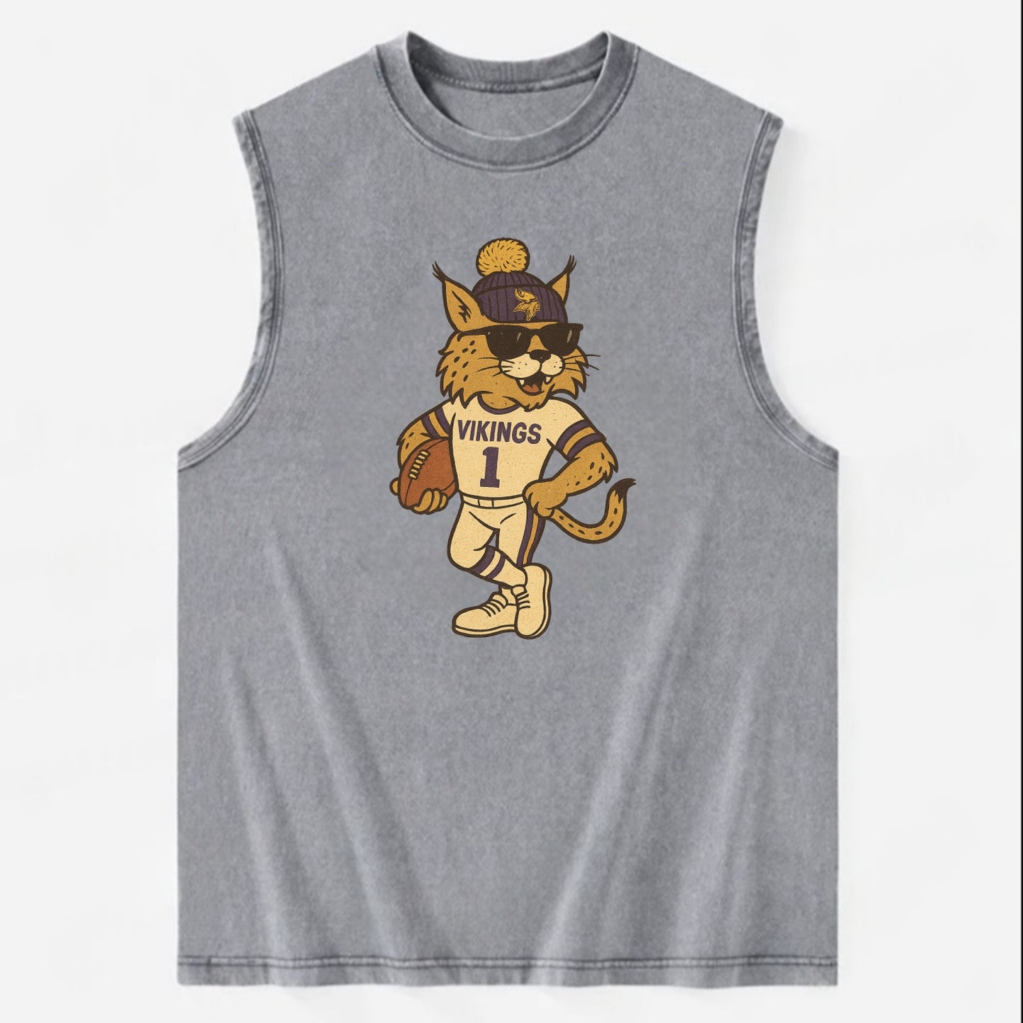Minneapolis Lynx wearing Vikings beanie with Norse patch and wayfarer - Vintage Washed Tank - Grey