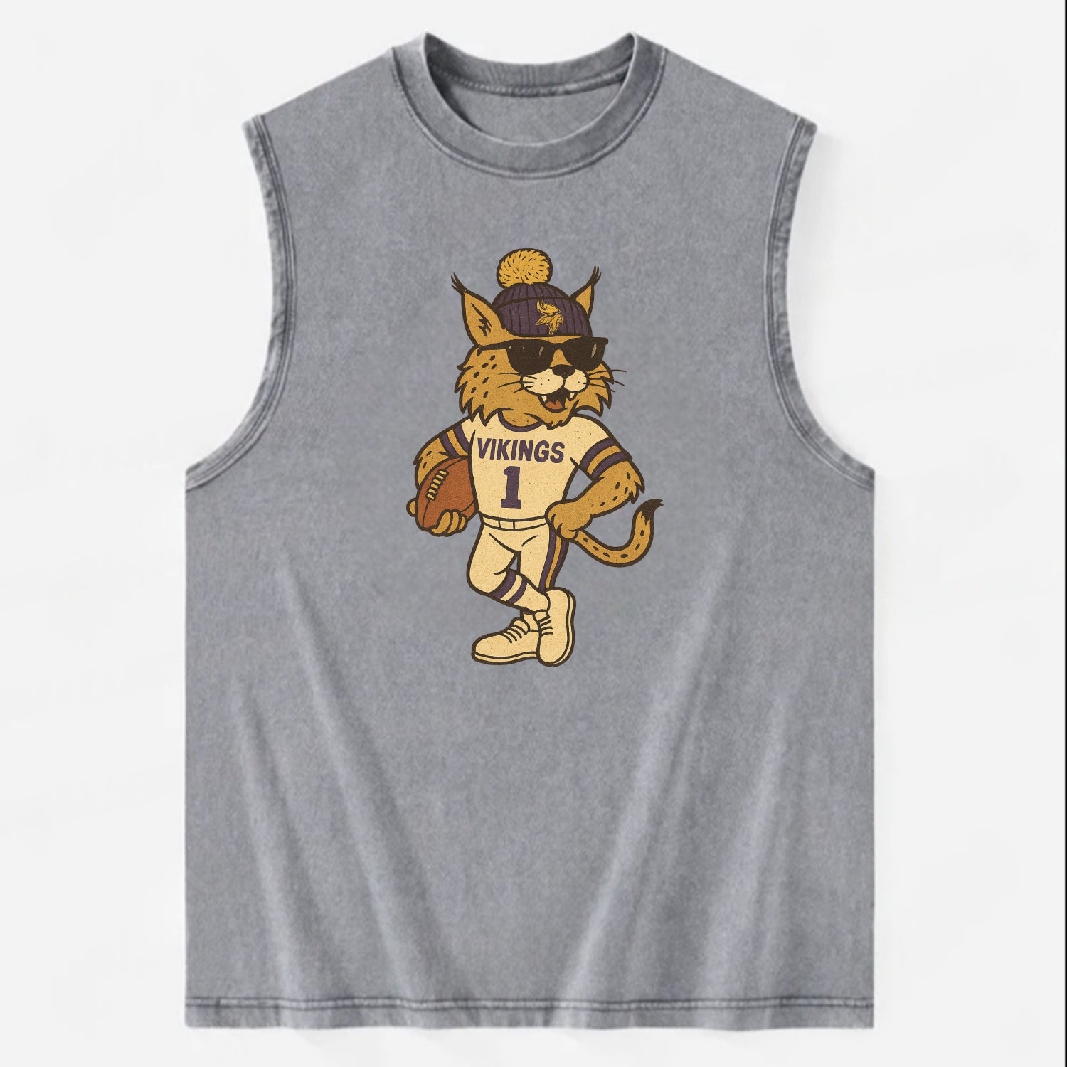 Minneapolis Lynx wearing Vikings beanie with Norse patch and wayfarer - Vintage Washed Tank - Grey