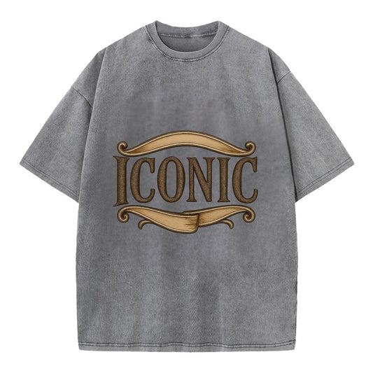 Bold typography design - "ICONIC" - instantly recognizable, trendsetter - Vintage T-shirt - Grey