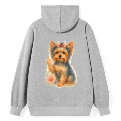 Yorkshire Terrier with topknot bow, one delicate paw flipping off - Classic Pullover Hoodie - Grey