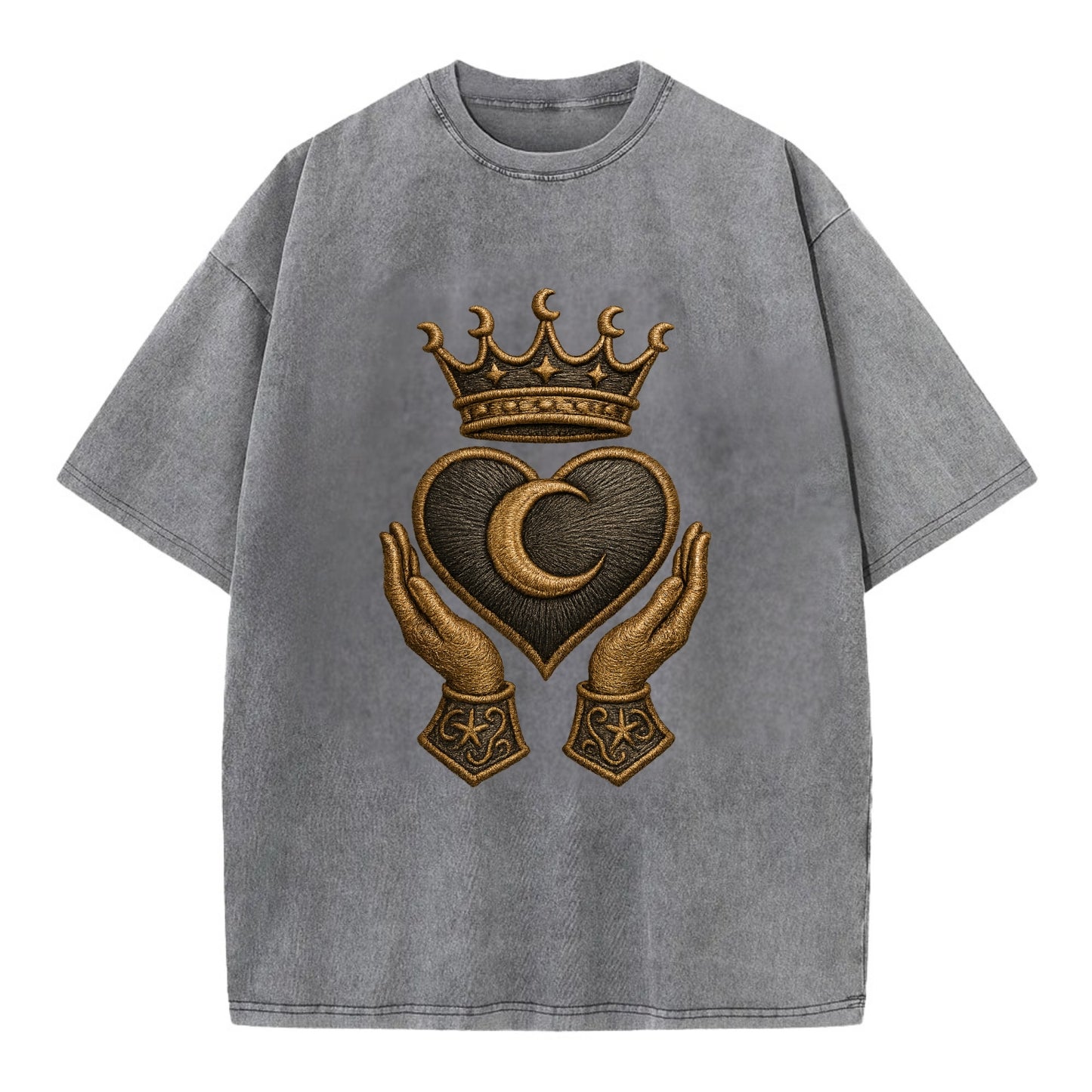 Moonlit crescent crown cradling a hematite heart with stargazer hands cupped - Vintage T-shirt - Grey