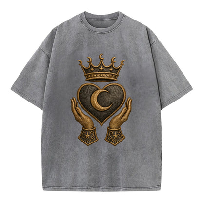Moonlit crescent crown cradling a hematite heart with stargazer hands cupped - Vintage T-shirt - Grey
