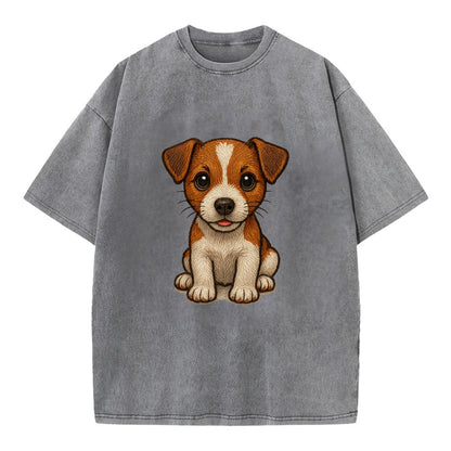 Baby Jack Russell Terrier Puppy - white with markings, alert ears, energetic - Vintage T-shirt - Grey
