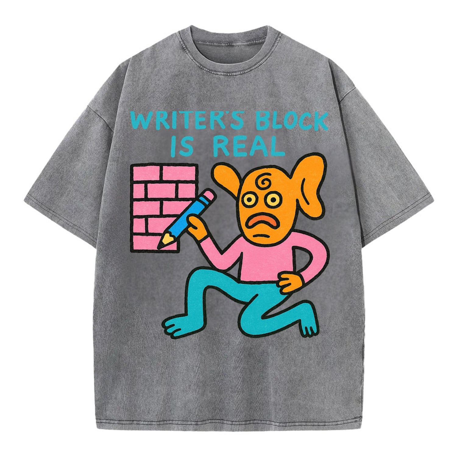 WRITERS BLOCK IS REAL | Brick wall with pencil - Vintage T-shirt - Grey