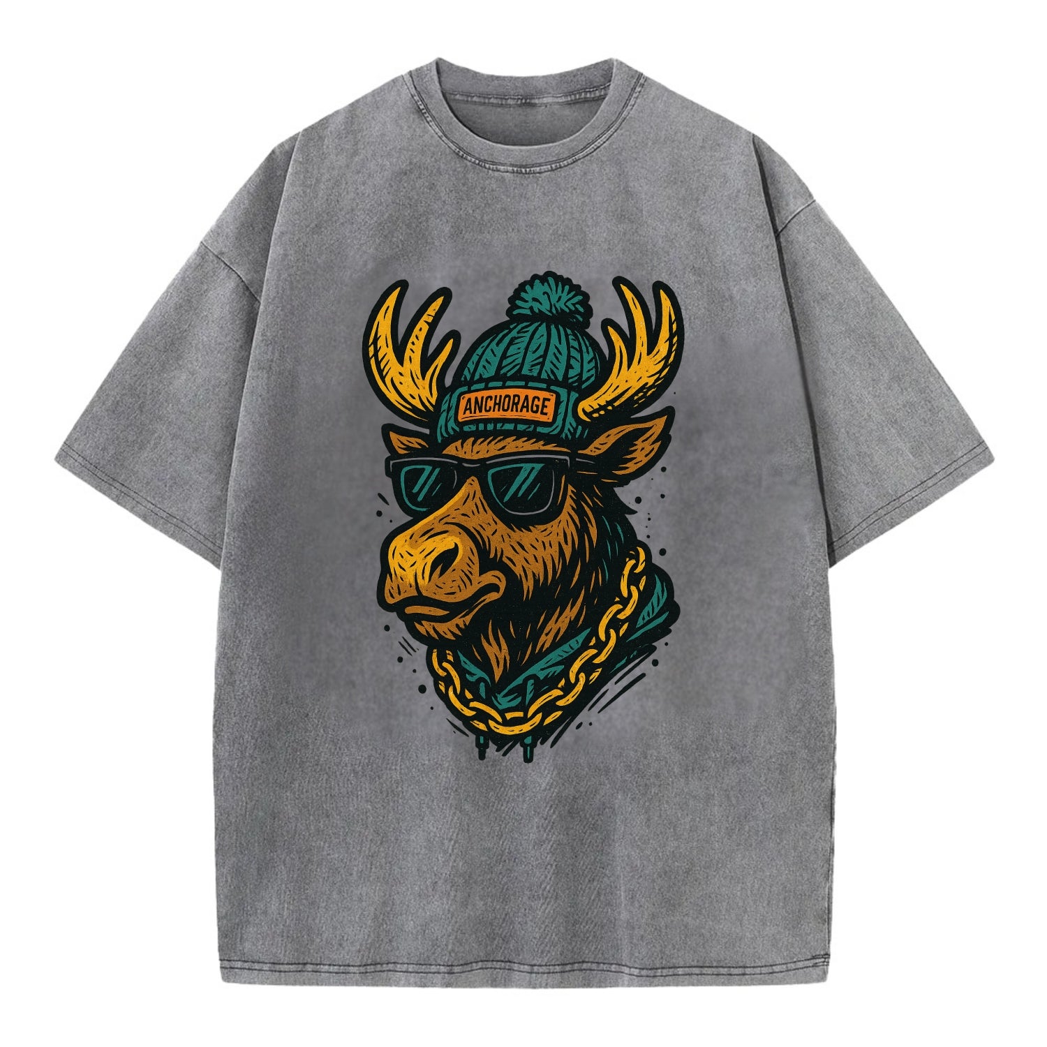 Alaska Moose wearing Anchorage beanie with pom pom and wayfarer sunglasses - Vintage T-shirt - Grey