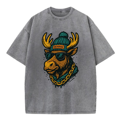 Alaska Moose wearing Anchorage beanie with pom pom and wayfarer sunglasses - Vintage T-shirt - Grey