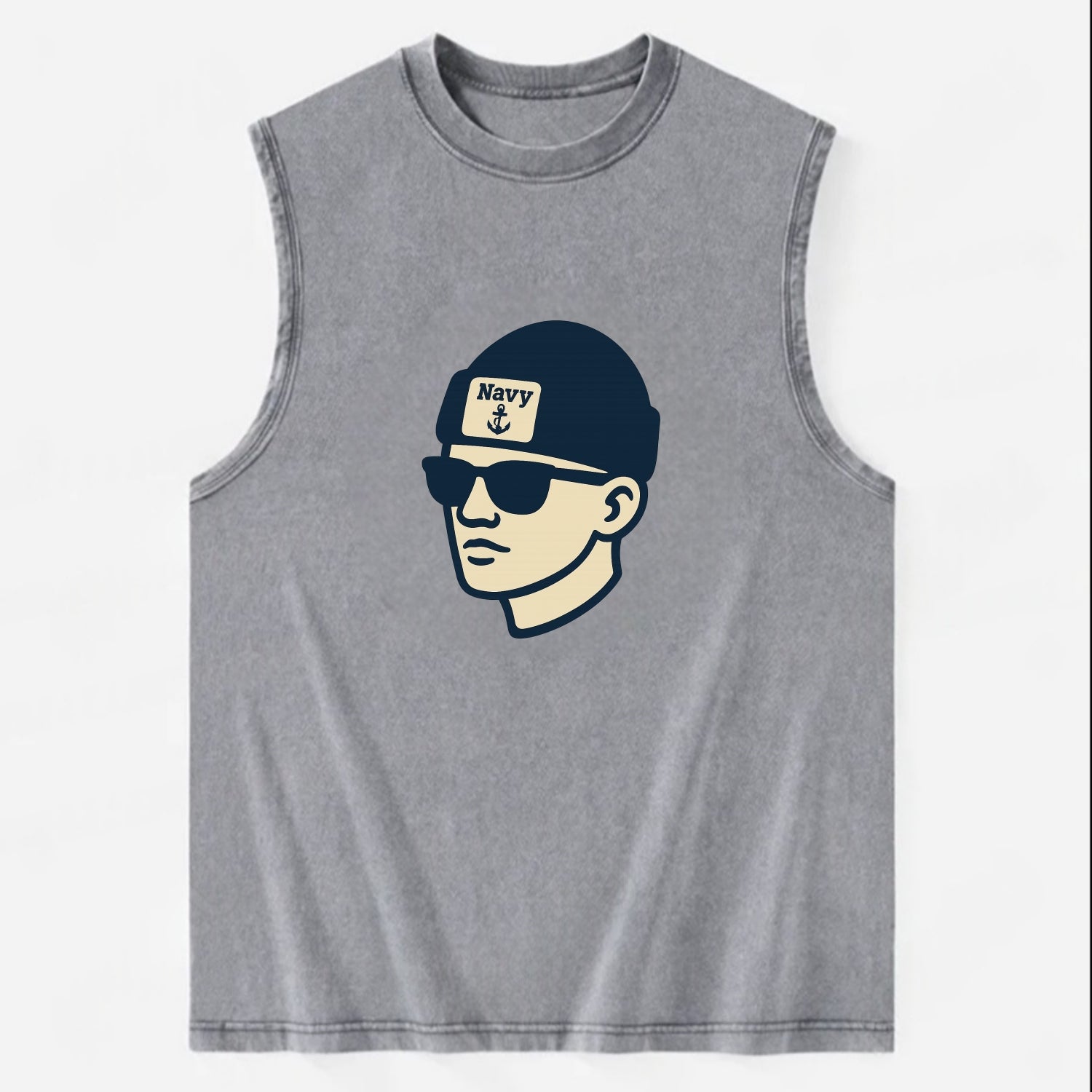 Annapolis Midshipman wearing Navy beanie with anchor patch - Vintage Washed Tank - Grey