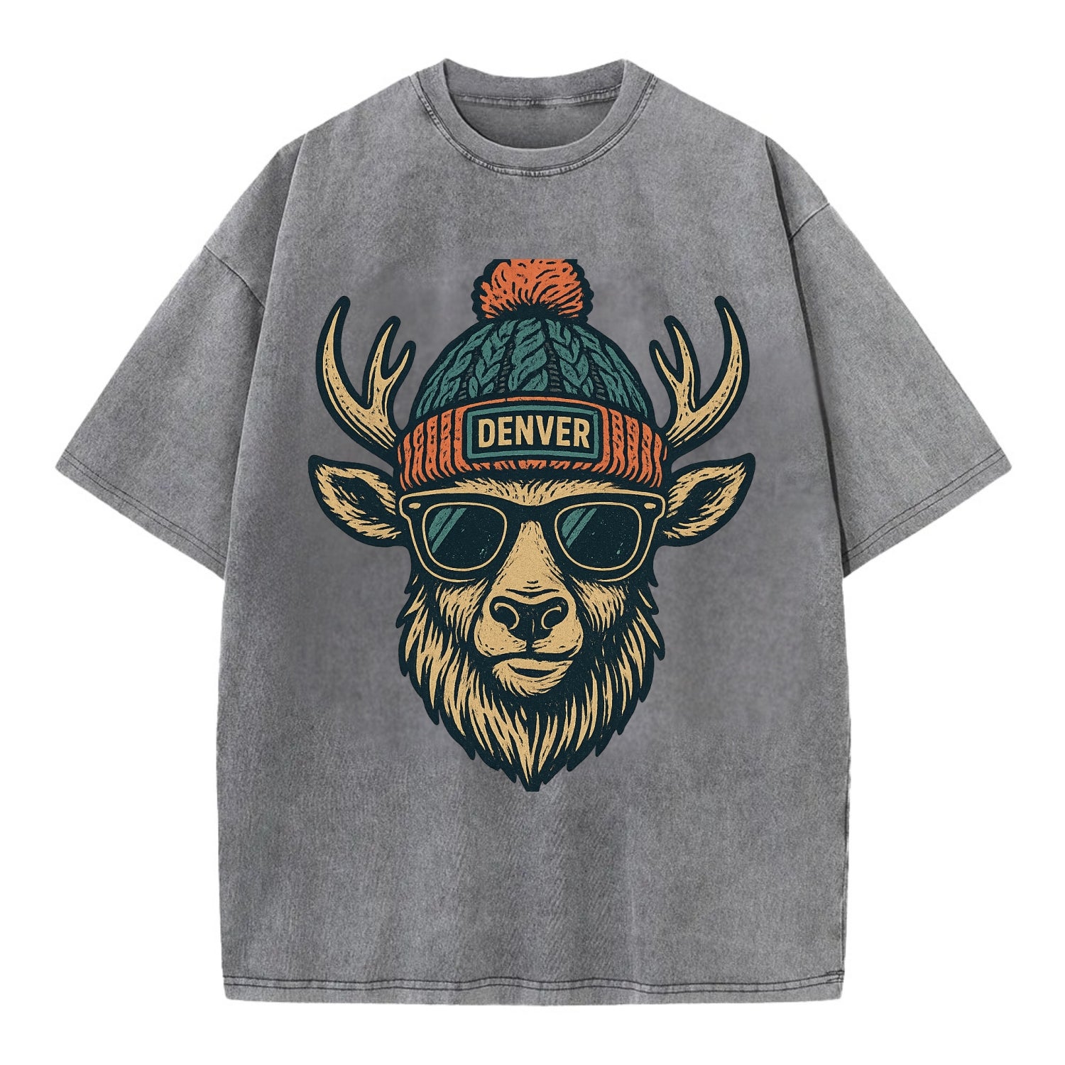 Denver Elk wearing Denver beanie with pom pom and wayfarer sunglasses - Vintage T-shirt - Grey