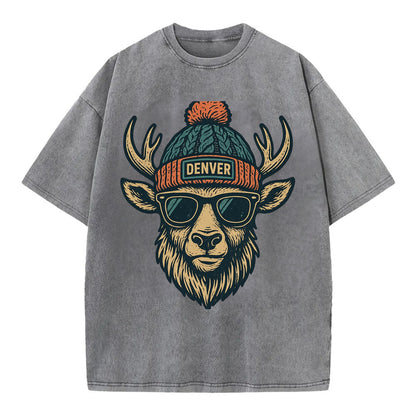 Denver Elk wearing Denver beanie with pom pom and wayfarer sunglasses - Vintage T-shirt - Grey