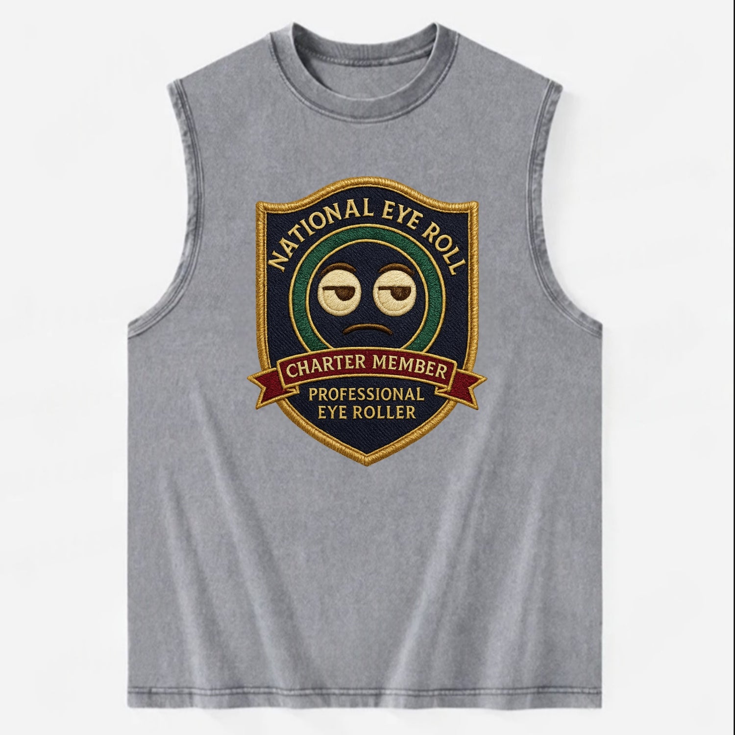 Crest with eye roll icon - "National Eye Roll Association - Charter Member" - - Vintage Washed Tank - Grey