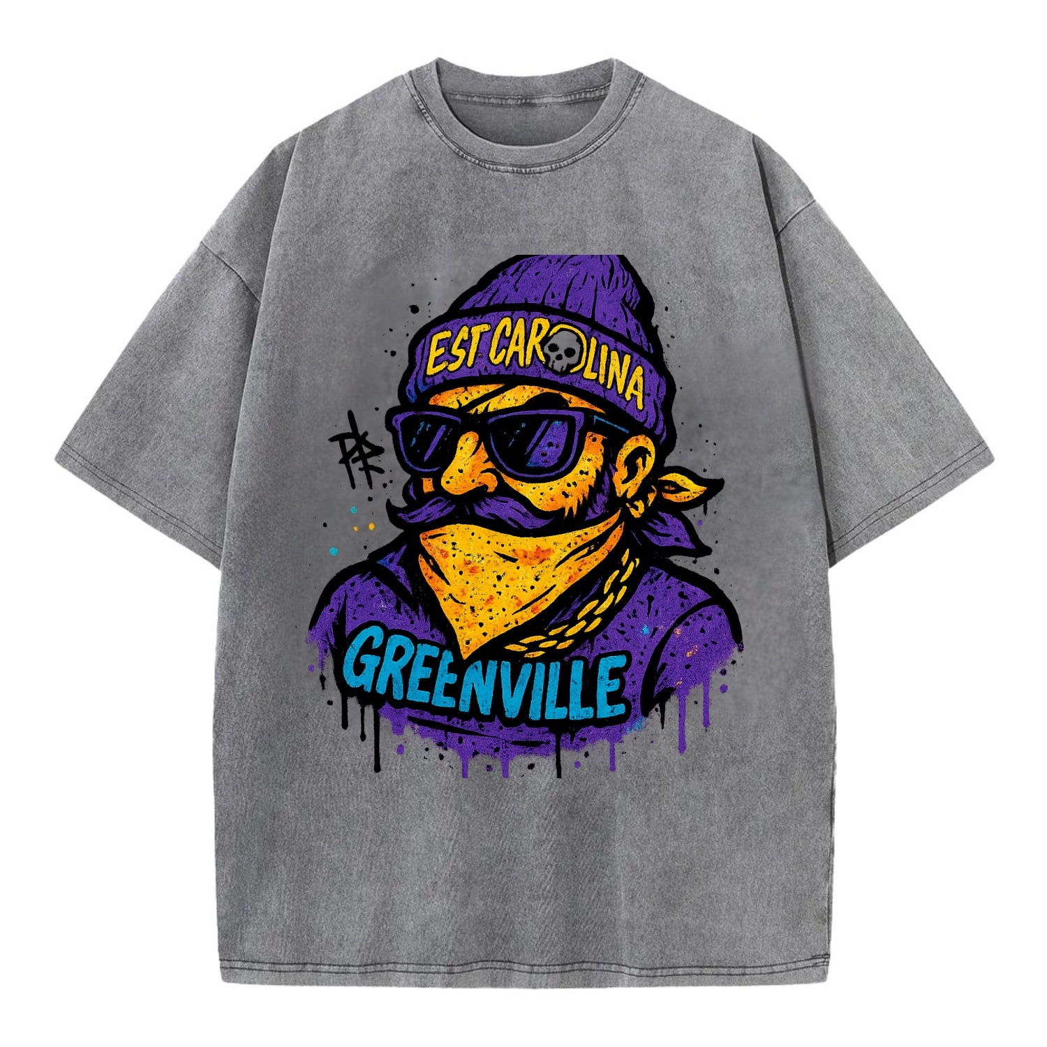 Greenville Pirate wearing East Carolina beanie with skull patch - Vintage T-shirt - Grey