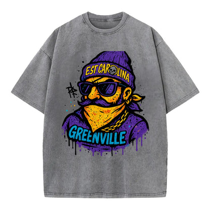 Greenville Pirate wearing East Carolina beanie with skull patch - Vintage T-shirt - Grey