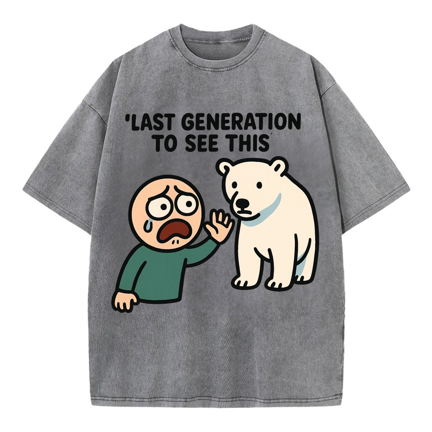 Person waving goodbye to polar bear - "Last generation to see this" - extinction - Vintage T-shirt - Grey