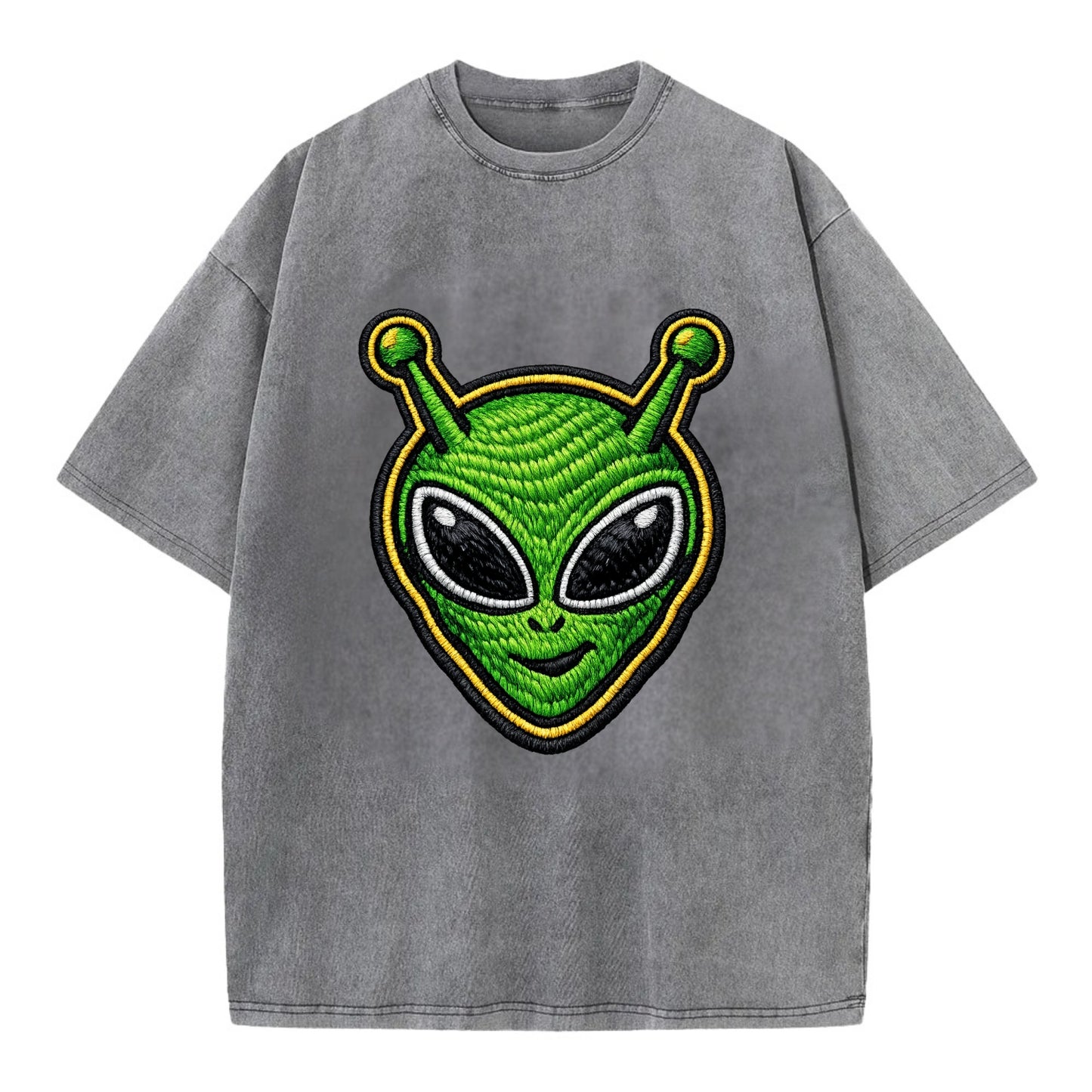 ALIEN MARTIAN - green alien with antenna in green , little green man - Vintage T-shirt - Grey