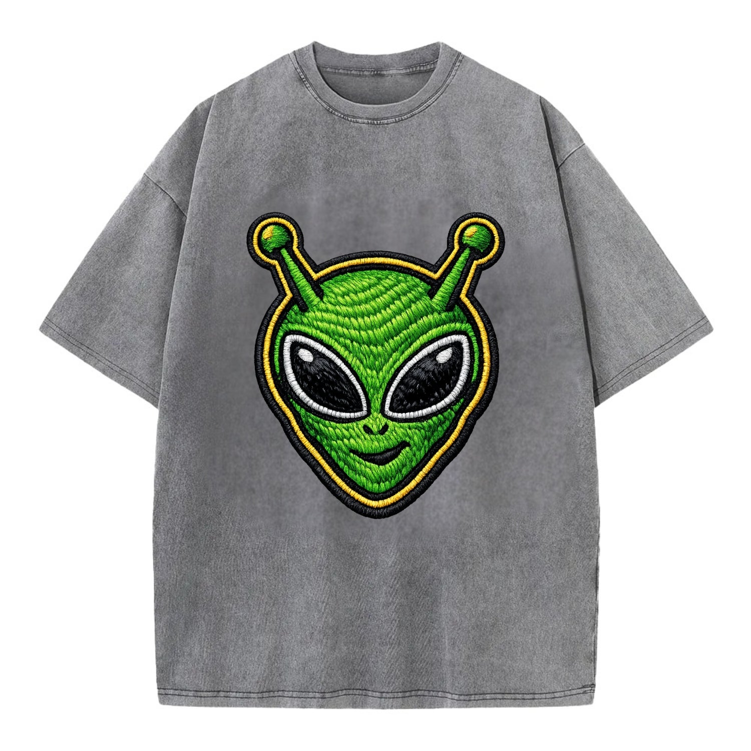 ALIEN MARTIAN - green alien with antenna in green , little green man - Vintage T-shirt - Grey