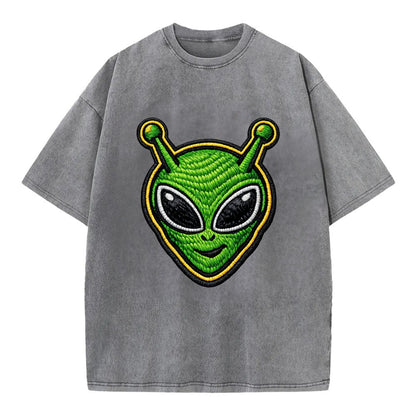 ALIEN MARTIAN - green alien with antenna in green , little green man - Vintage T-shirt - Grey