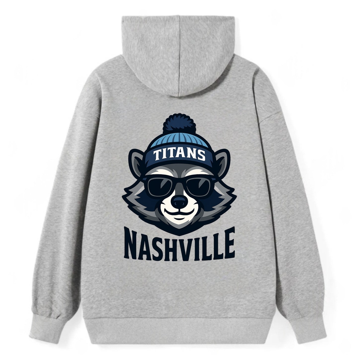 Nashville Raccoon wearing Titans navy and light blue beanie with pom pom - Classic Pullover Hoodie - Grey