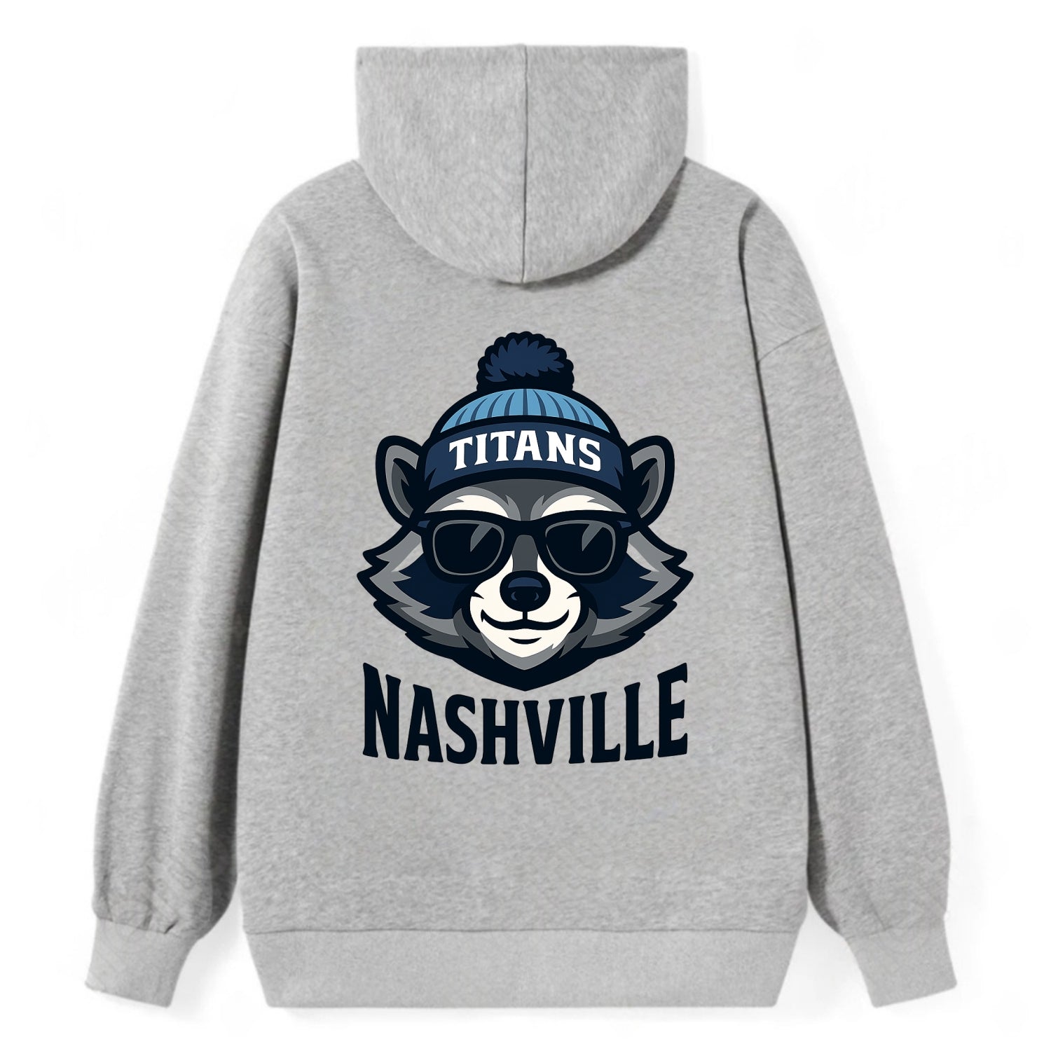 Nashville Raccoon wearing Titans navy and light blue beanie with pom pom - Classic Pullover Hoodie - Grey