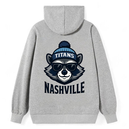 Nashville Raccoon wearing Titans navy and light blue beanie with pom pom - Classic Pullover Hoodie - Grey
