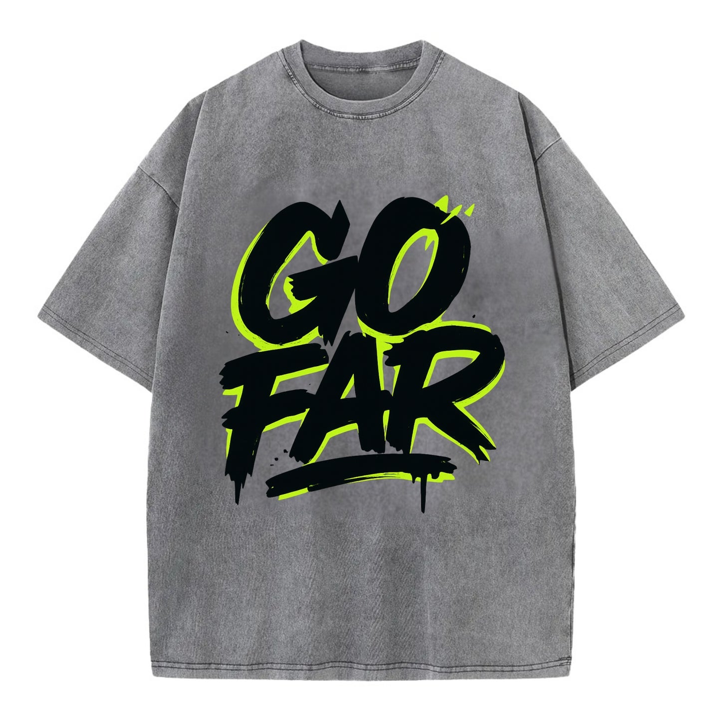Bold typography design - "GO FAR" - distance goals, pushing limits - Vintage T-shirt - Grey