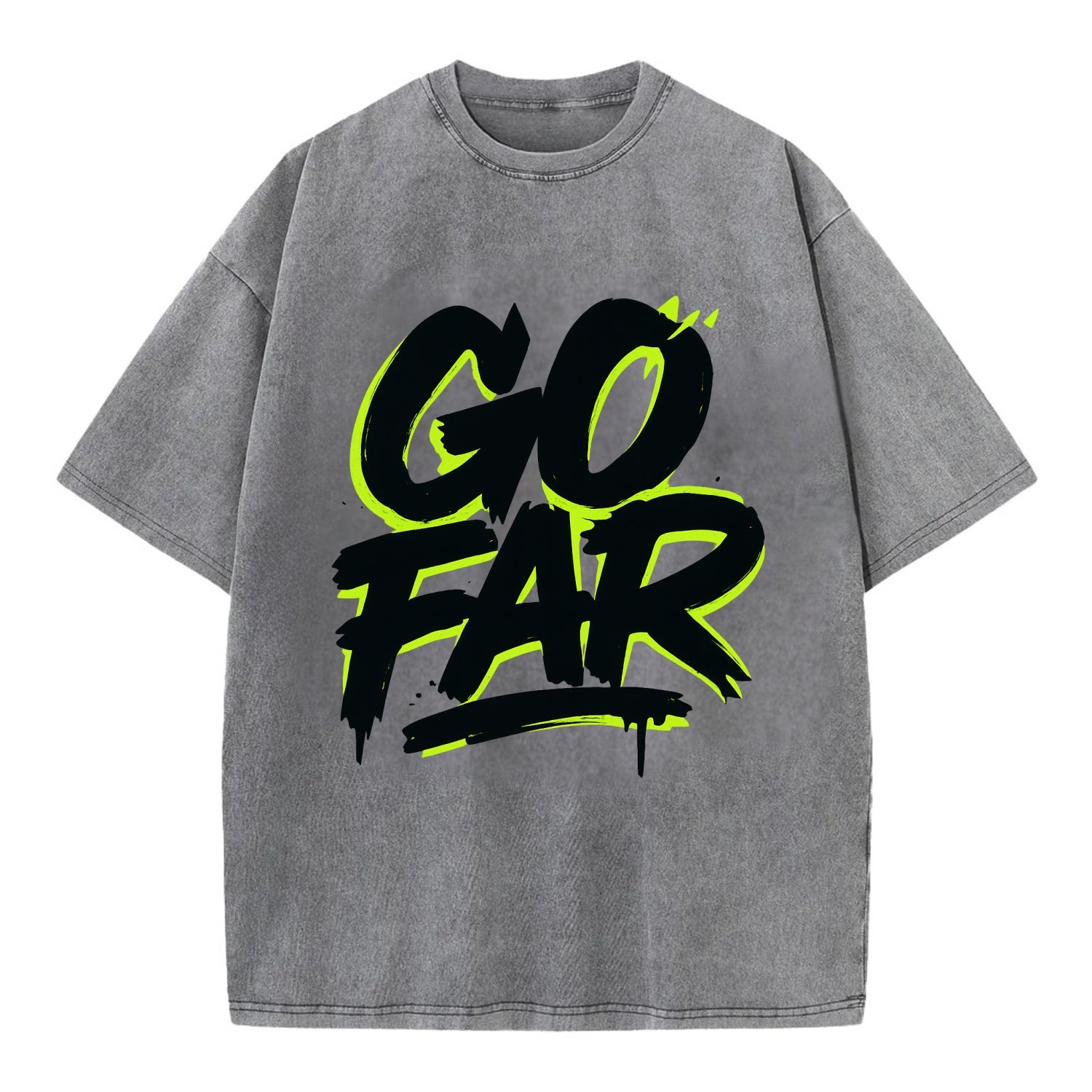 Bold typography design - "GO FAR" - distance goals, pushing limits - Vintage T-shirt - Grey