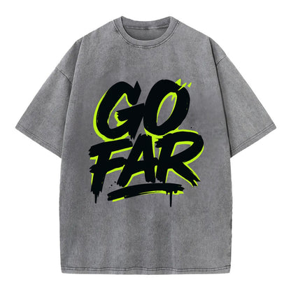 Bold typography design - "GO FAR" - distance goals, pushing limits - Vintage T-shirt - Grey