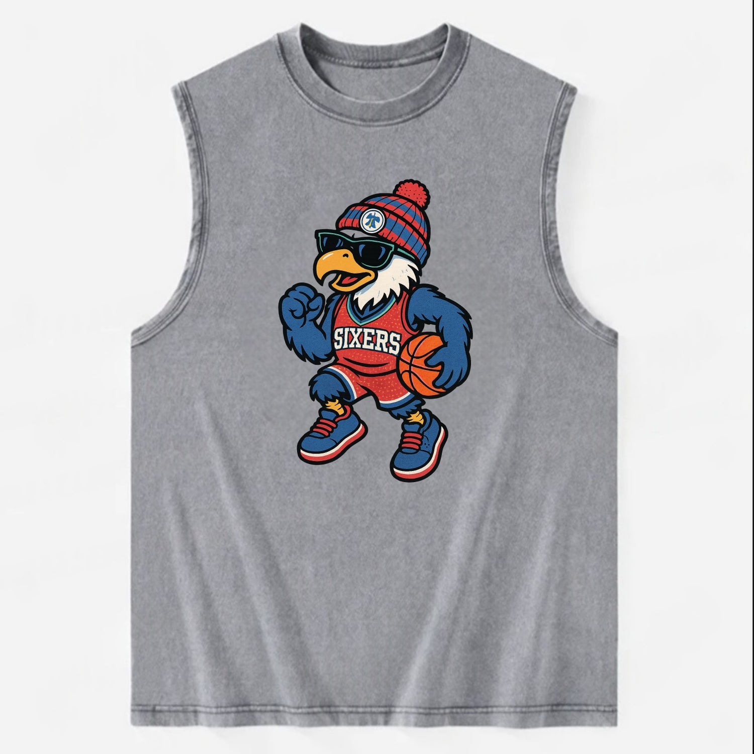 Philadelphia Eagle wearing 76ers red white and blue beanie with bell patch - Vintage Washed Tank - Grey