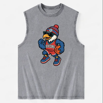 Philadelphia Eagle wearing 76ers red white and blue beanie with bell patch - Vintage Washed Tank - Grey