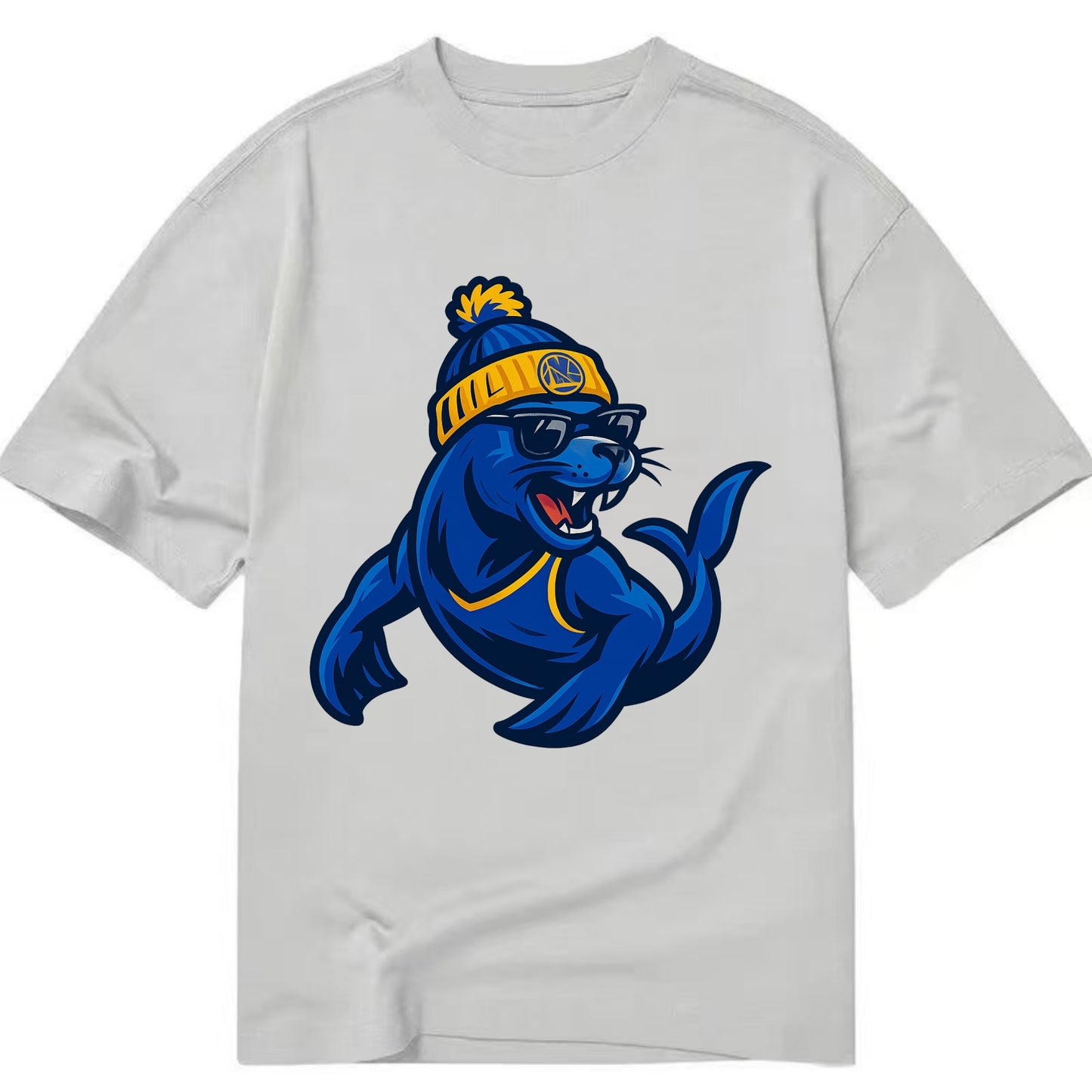 Bay Area Sea Lion wearing Warriors blue and gold beanie with Golden Gate and - Classic T-shirt - Grey
