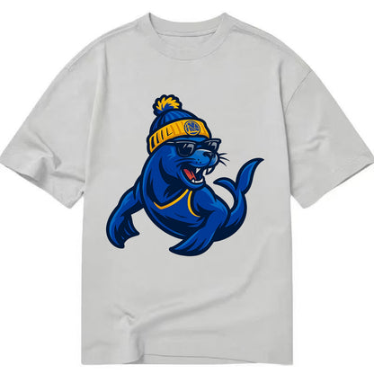 Bay Area Sea Lion wearing Warriors blue and gold beanie with Golden Gate and - Classic T-shirt - Grey
