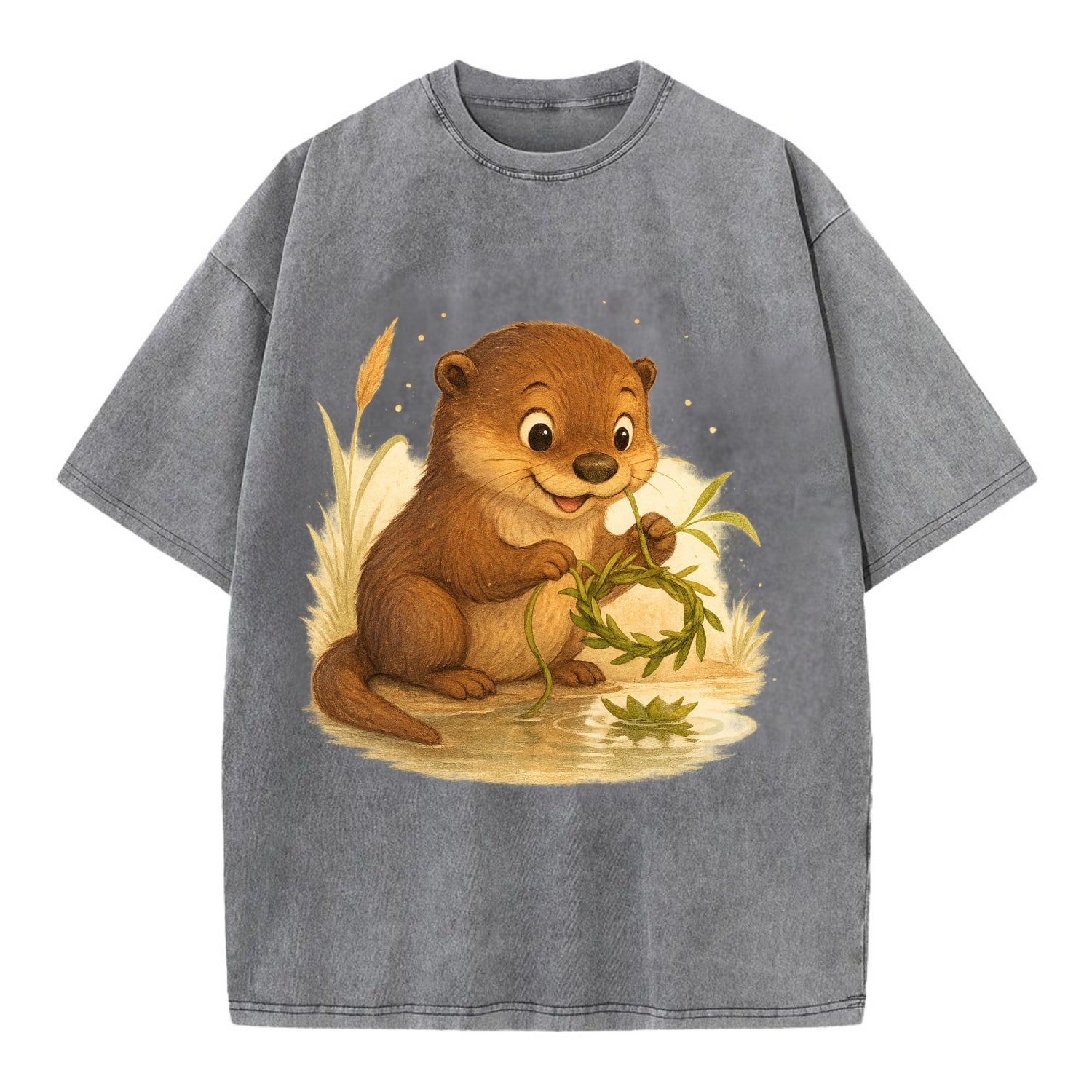 Otter weaving river reeds into a floating crown beside mirror-still water - Vintage T-shirt - Grey