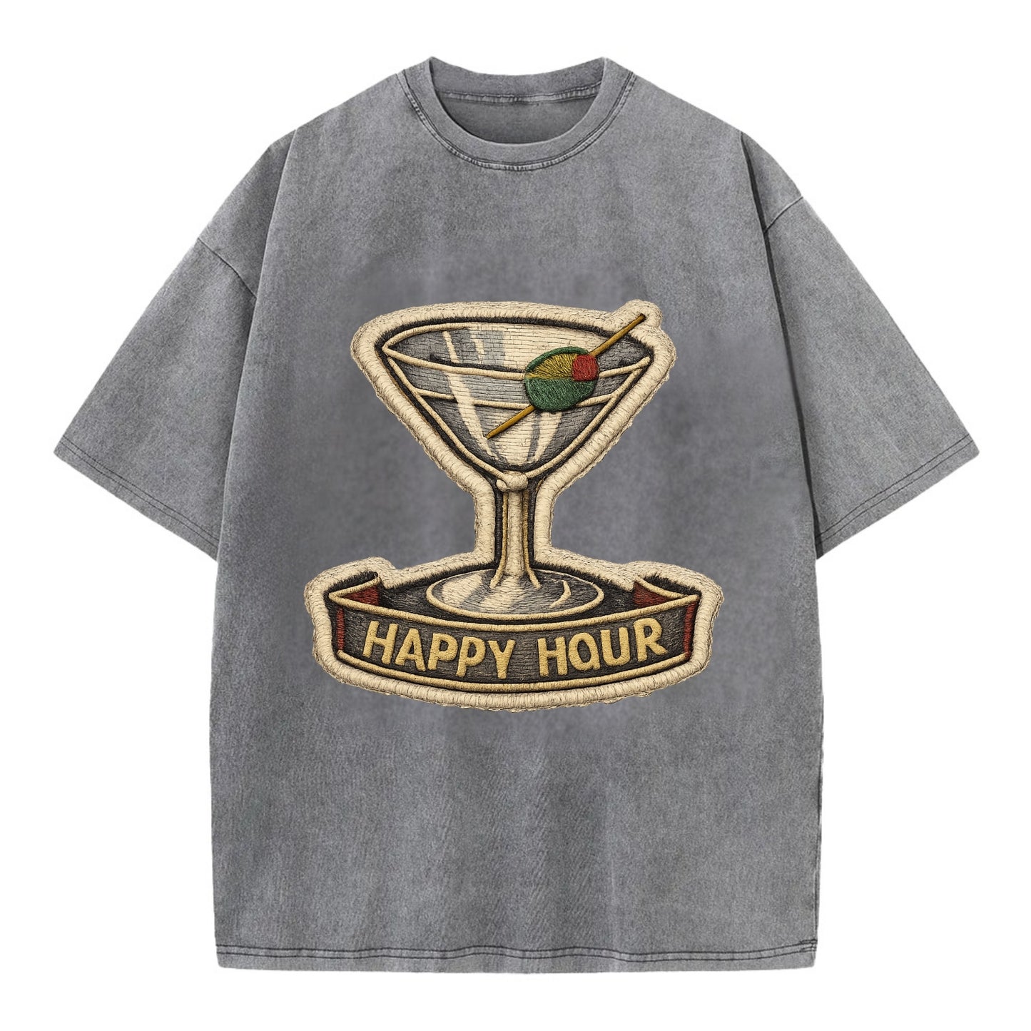COCKTAIL MARTINI - martini glass with olive in silver and green , happy hour - Vintage T-shirt - Grey