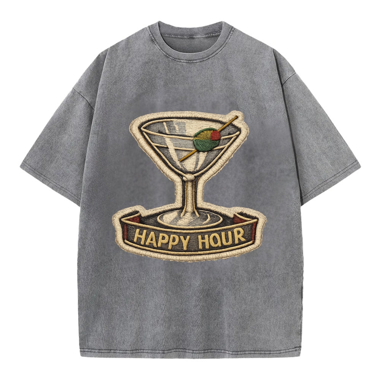 COCKTAIL MARTINI - martini glass with olive in silver and green , happy hour - Vintage T-shirt - Grey