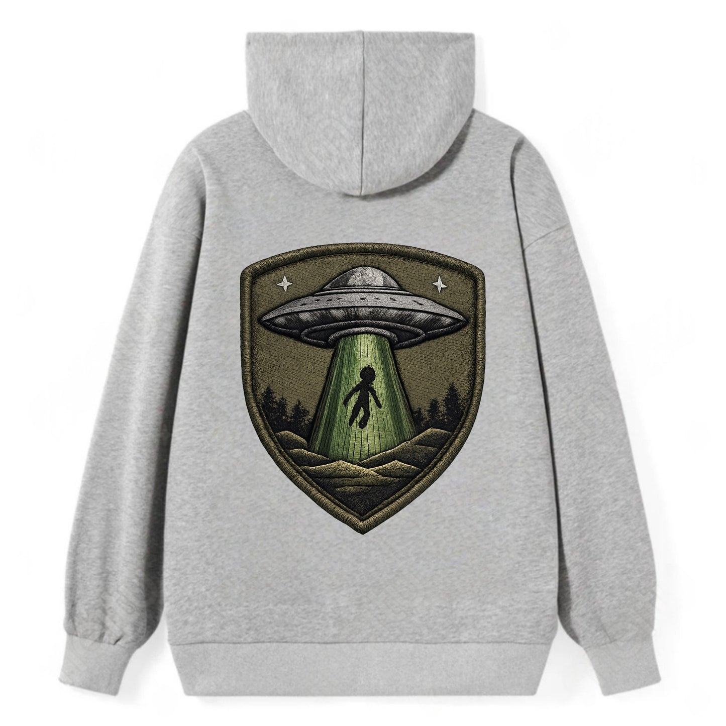 UFO ALIEN - flying saucer with beam in silver and green , extraterrestrial - Classic Pullover Hoodie - Grey