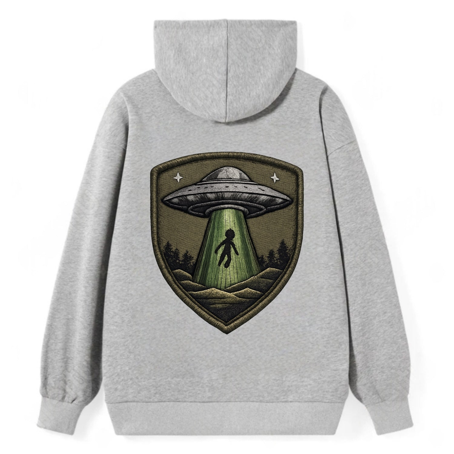UFO ALIEN - flying saucer with beam in silver and green , extraterrestrial - Classic Pullover Hoodie - Grey