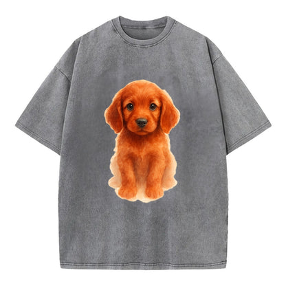 Baby Irish Setter Puppy - mahogany red coat, feathered ears, friendly eyes, - Vintage T-shirt - Grey