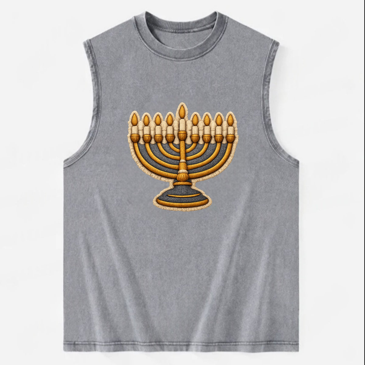 MENORAH LIGHTS - nine branch candelabra in gold and blue , Hanukkah - Vintage Washed Tank - Grey