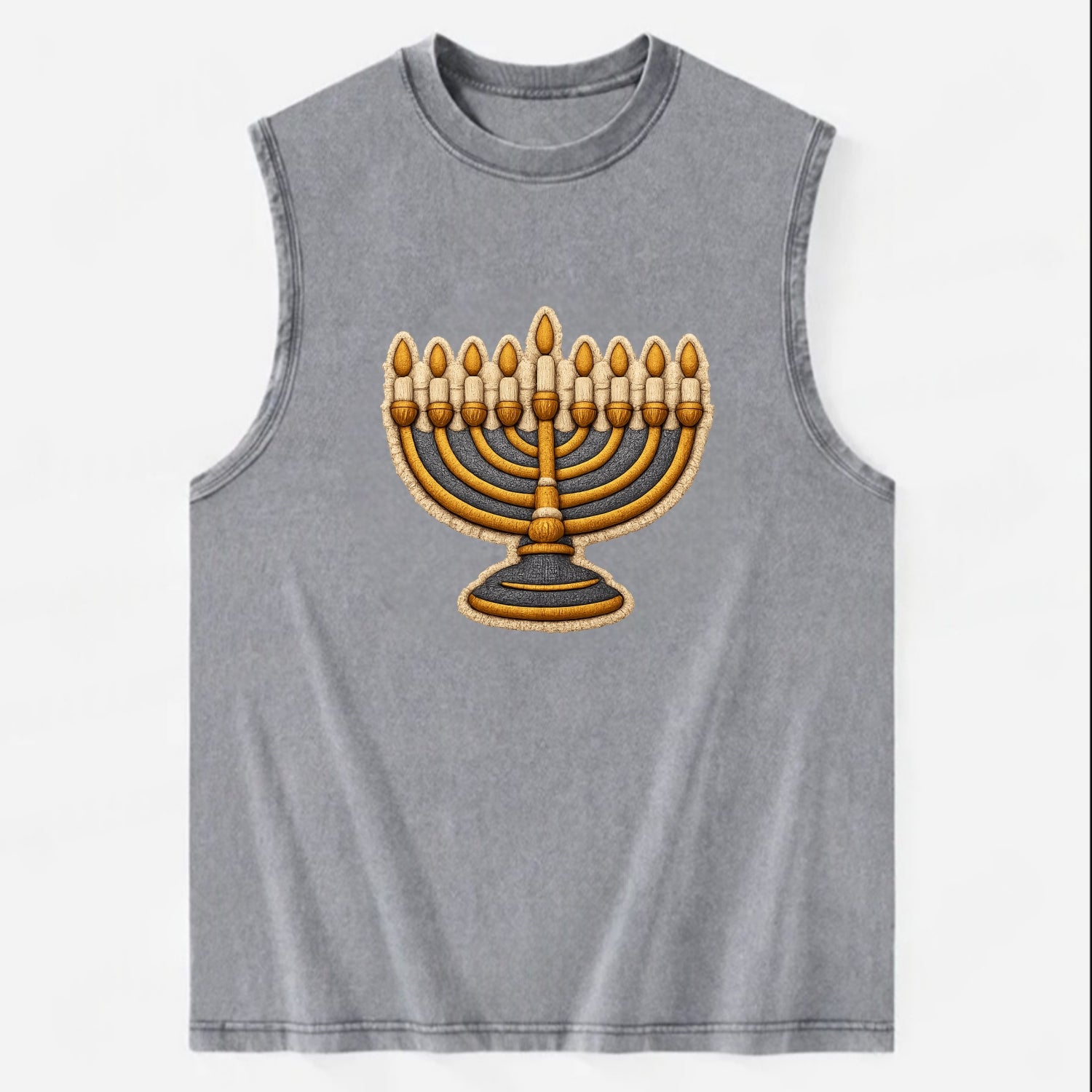 MENORAH LIGHTS - nine branch candelabra in gold and blue , Hanukkah - Vintage Washed Tank - Grey