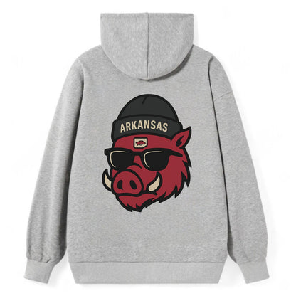 Fayetteville Razorback wearing Arkansas beanie with hog patch - Classic Pullover Hoodie - Grey