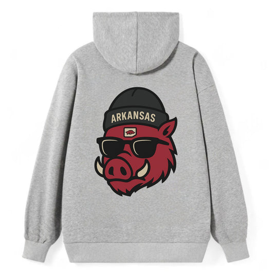 Fayetteville Razorback wearing Arkansas beanie with hog patch - Classic Pullover Hoodie - Grey