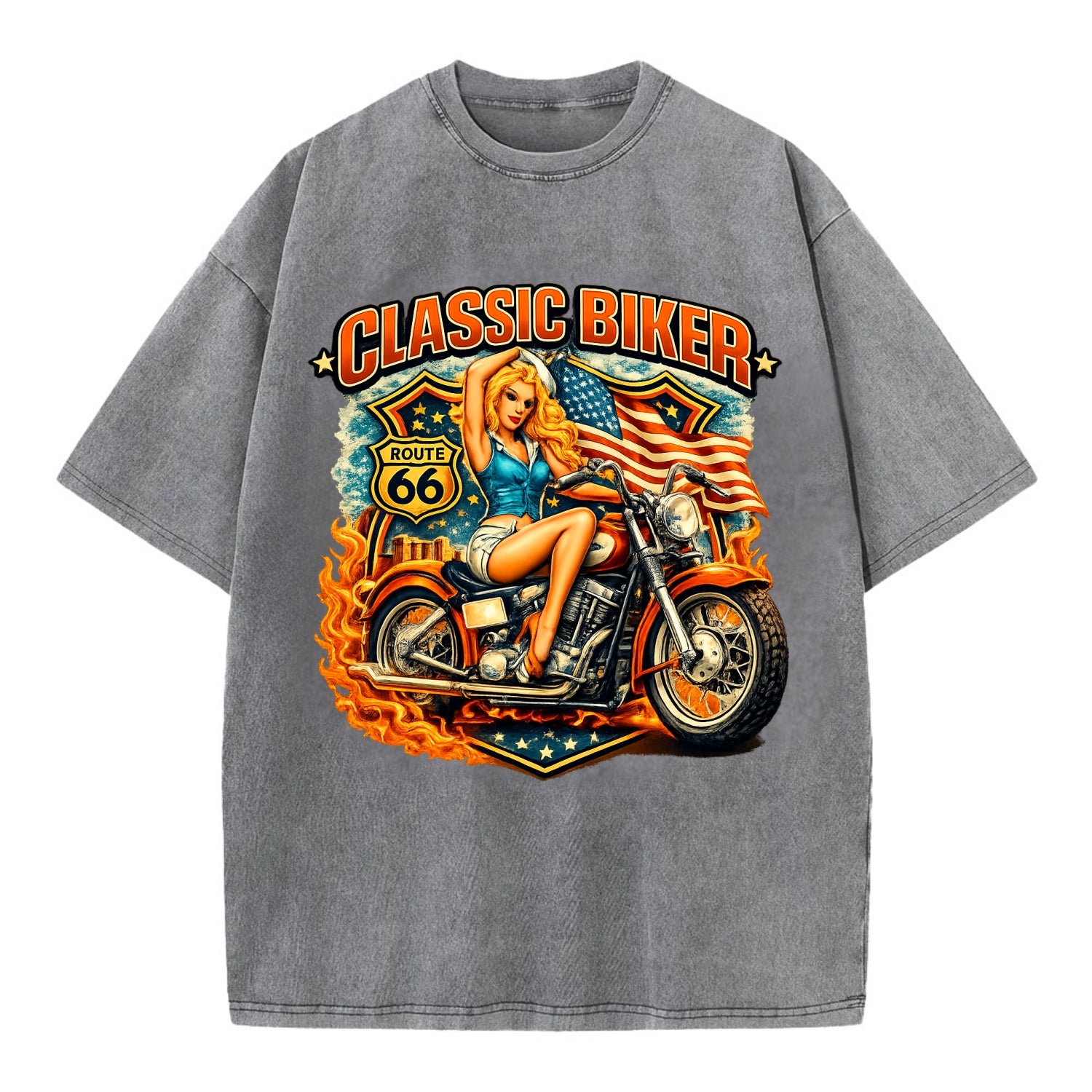 Classic Pinup Biker - Vintage T-shirt - Grey