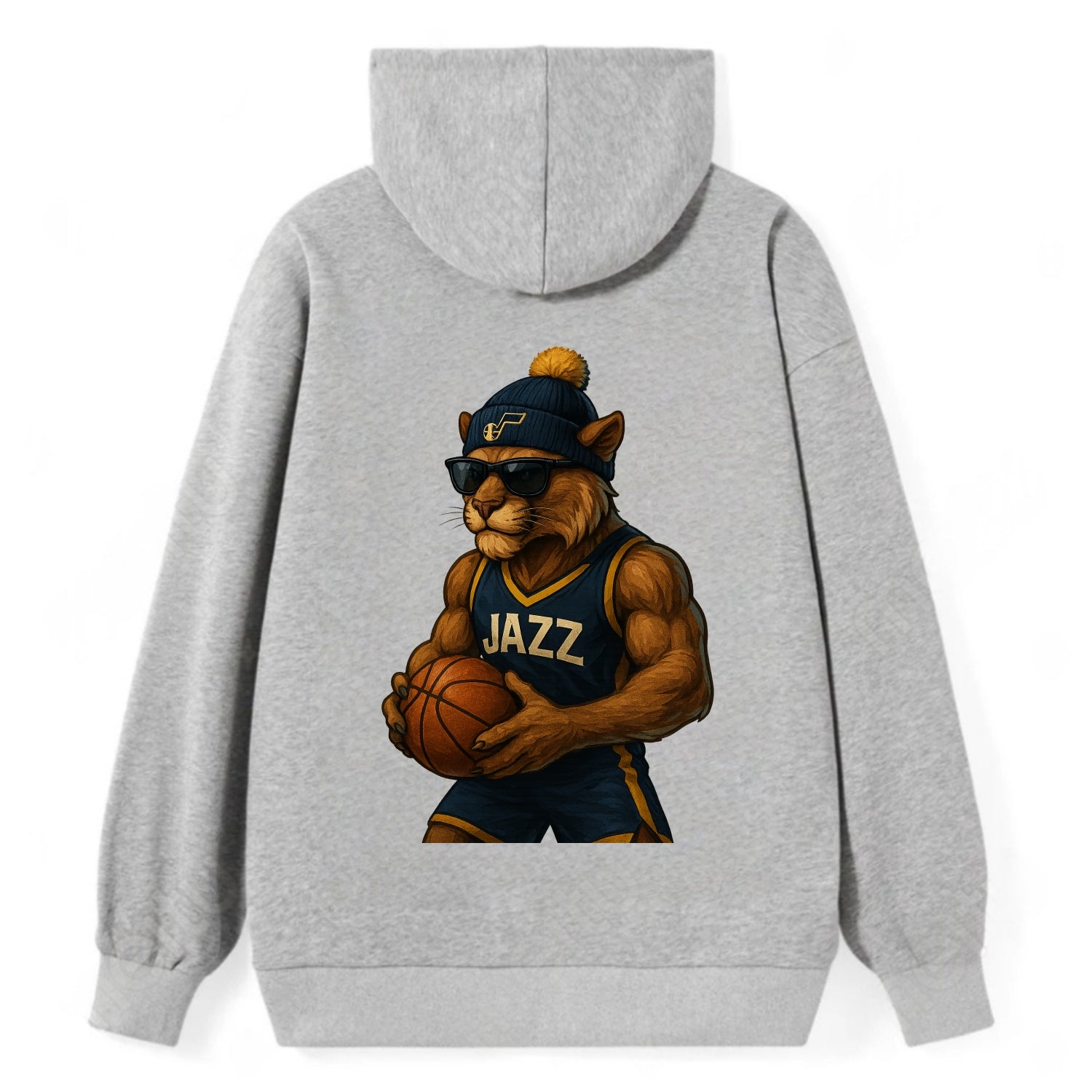 Utah Mountain Lion wearing Jazz navy and yellow beanie with music note - Classic Pullover Hoodie - Grey