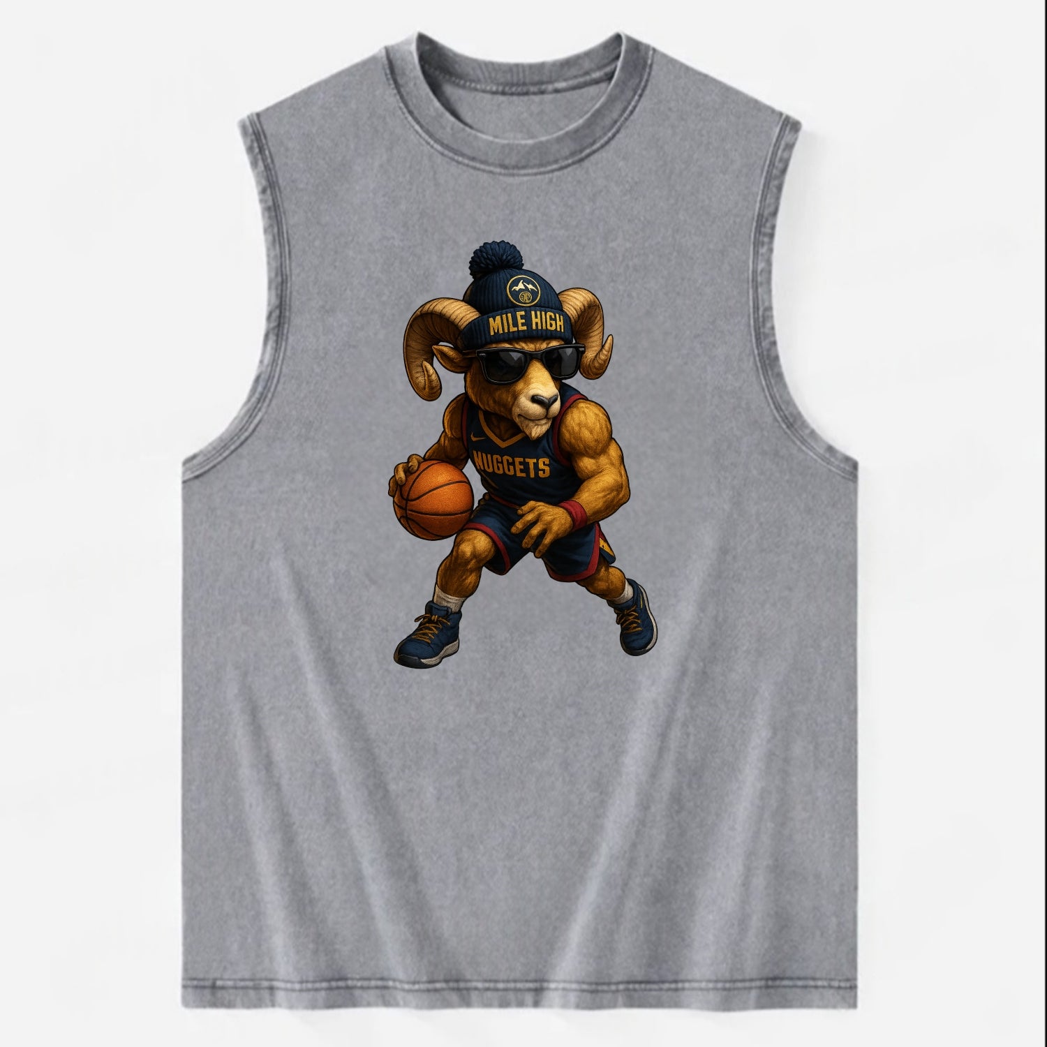 Mile High Bighorn wearing Nuggets beanie with mountain patch and wayfarer - Vintage Washed Tank - Grey