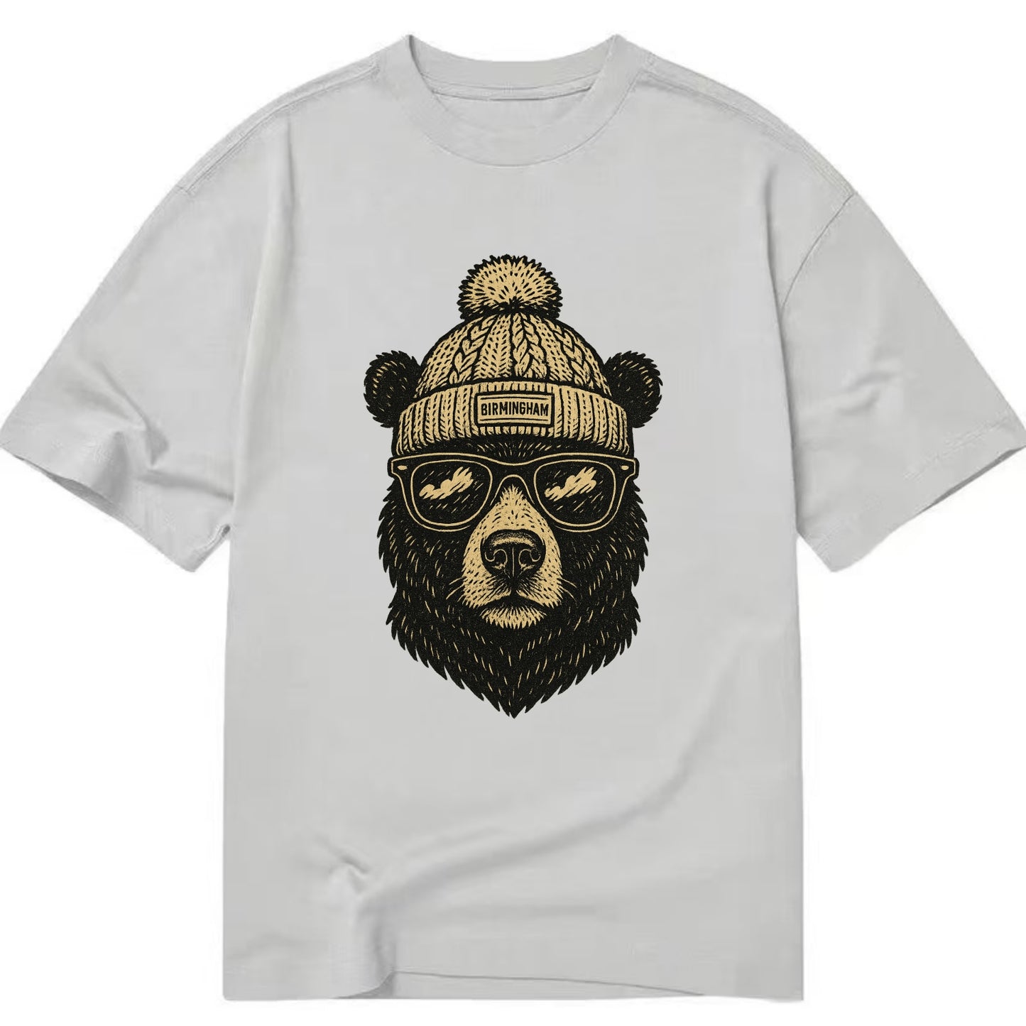 Alabama Black Bear wearing Birmingham beanie with pom pom and wayfarer sunglasses - Classic T-shirt - Grey